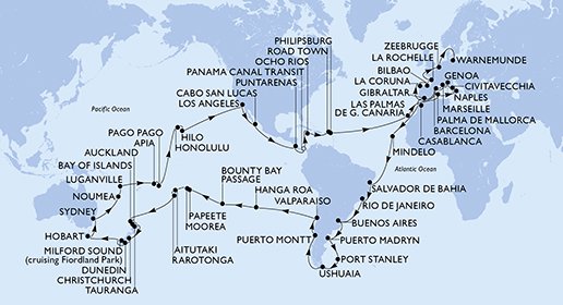 Itinéraire de votre croisière Croisière Tour du monde  