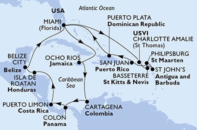 Itinéraire de votre croisière Croisière Caraïbes  Antilles  