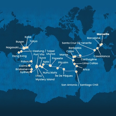 Itinéraire de votre croisière Croisière Tour du monde  