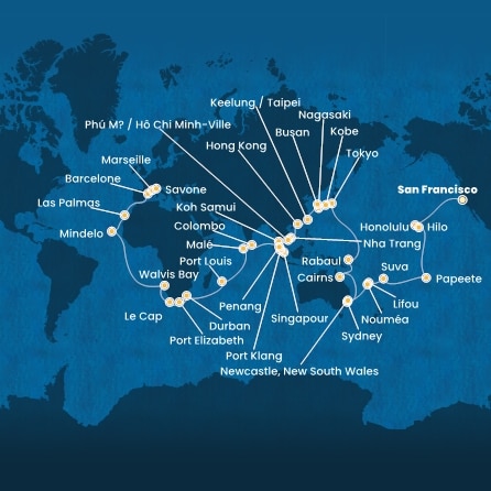 Itinéraire de votre croisière Croisière Tour du monde  