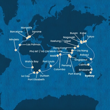 Itinéraire de votre croisière Croisière Tour du monde  