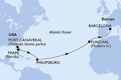 Itinéraire de votre croisière Croisière Transatlantique  