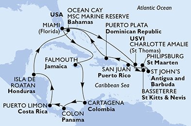 Itinéraire de votre croisière Croisière Caraïbes  Antilles  