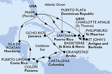 Itinéraire de votre croisière Croisière Caraïbes  Antilles  