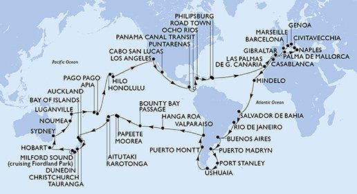 Itinéraire de votre croisière Croisière Tour du monde  